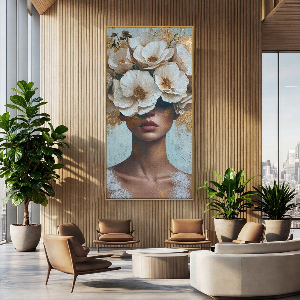Tablou canvas cu tablou portret femeie cu flori albe, in rama de aluminiu auriu, pe perete intr-un birou